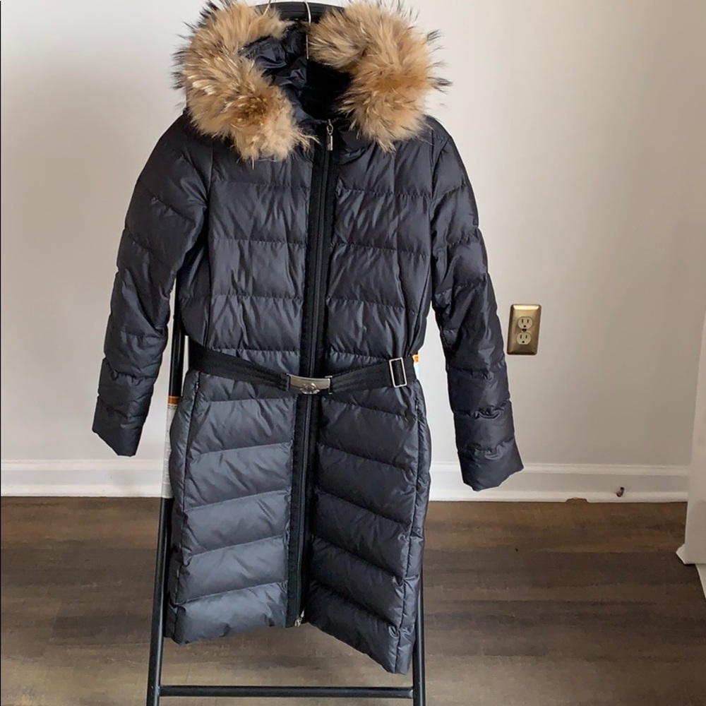 Moncler Black Quilted Down Fur Hood Belt Puffer